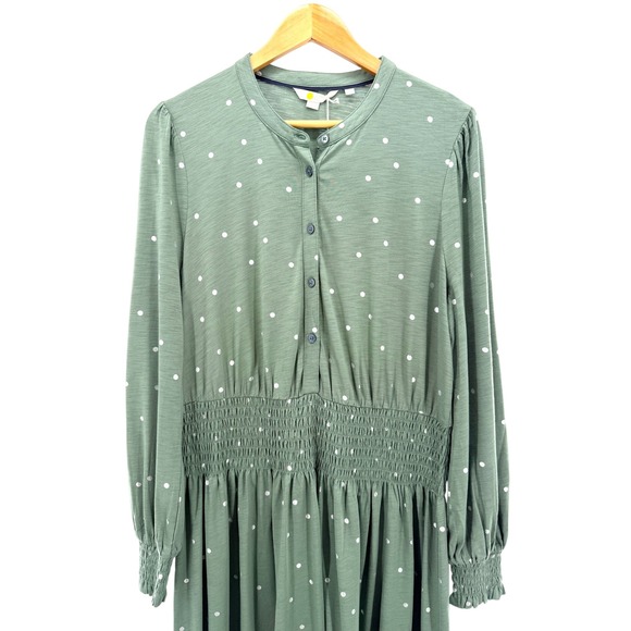 Boden Smocked Button Front Long Sleeve Cotton Blend Dress Green Dots 12R NWT - Picture 11 of 12